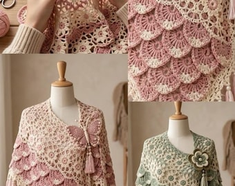 May include: A crochet shawl featuring a scalloped pattern in shades of pink or green, accented with a butterfly or flower motif, a tassel fringe, and a delicate lace-like structure. The garment is displayed on a mannequin and shown in progress.