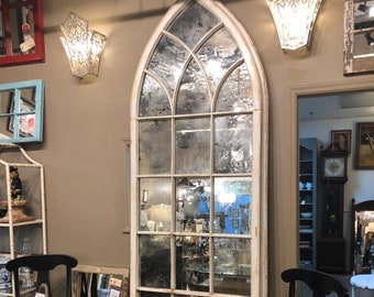 Large Arched Window Mirror, Church Window made into a Farmhouse Mirror, Arched Mirror with Rustic Style and Distressed Finish