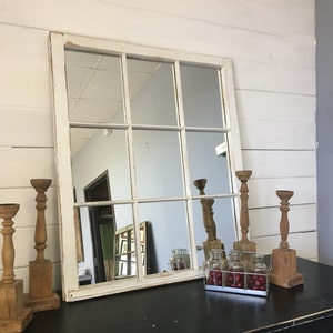 Distressed White Window Mirror made from a Vintage Window, Country White Mirror with light distressing, Trendy Farmhouse Style