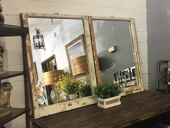 Old Windows Made In To Mirrors Pair 2 Wood Mirror Farmhouse Country Furniture Window Pane