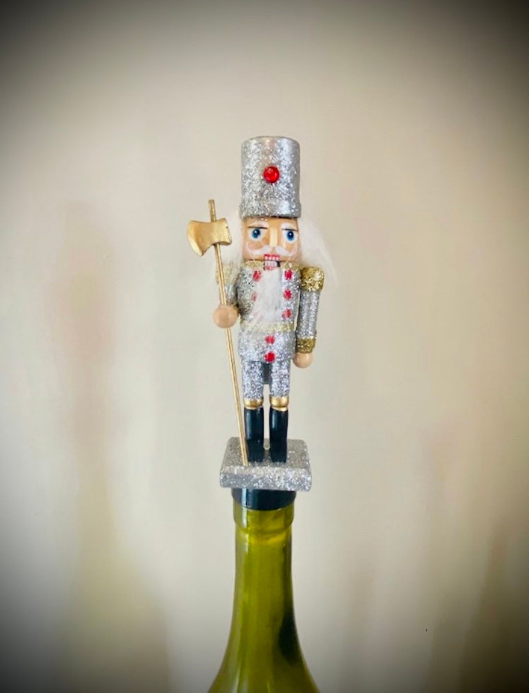 Silver & Gold Nutcracker Bottle Stopper Hand Painted Detail Moving