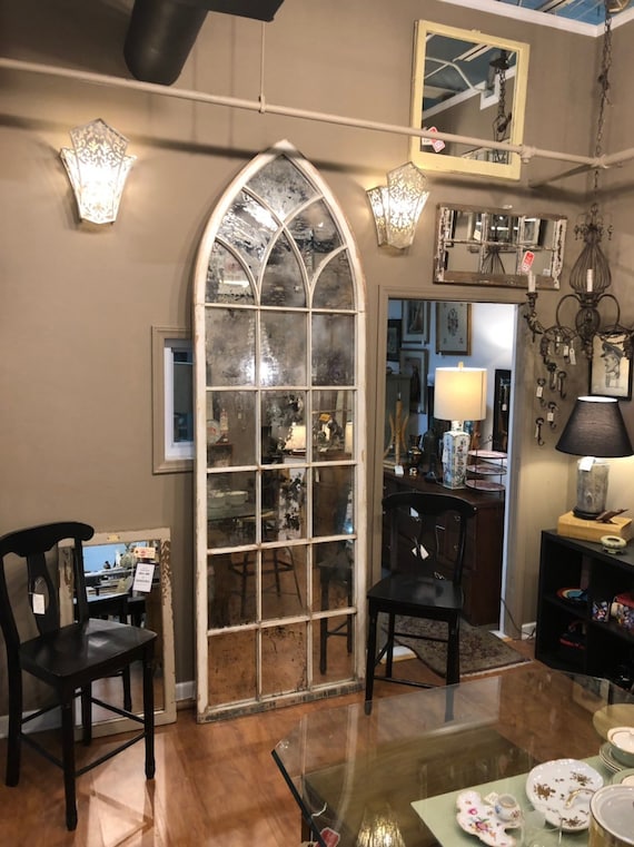 Large Arched Window Mirror Church Made Into A Farmhouse With Rustic Style And Distressed Finish