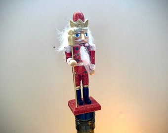 Red and Gold Nutcracker Bottle Stopper! Hand painted detail!! Moving nutcracker jaw!!