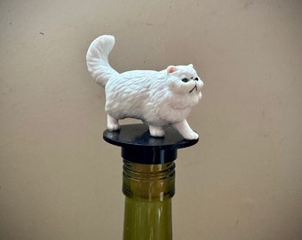 Fluffy White Cat Bottle Stopper.. Fun Wine Stopper for a  Owner.