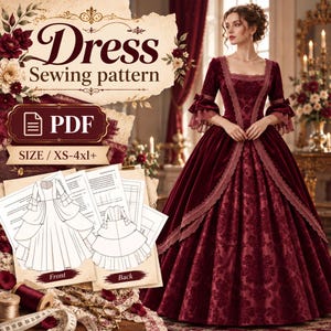Può includere: Un cartamodello digitale in PDF per un abito lungo in velluto bordeaux con scollo quadrato, maniche a tre quarti e bordo in pizzo. Il modello include disegni tecnici del davanti e del retro, etichettati XS-4XL+, e il testo Dress Sewing pattern.