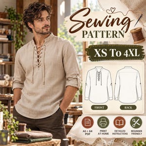 Może przedstawiać: Beżowa koszula z długim rękawem, sznurowanym przodem i podwijanymi rękawami. Obraz zawiera tekst Sewing Pattern, XS To 4XL, Front, Back, A0 + A4 PDF, Print At Home, Detailed Instructions oraz Beginner Friendly.