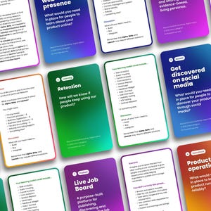 Puede incluir: Una colección de tarjetas rectangulares con esquinas redondeadas, con fondos degradados en morado, verde, naranja y azul. Cada tarjeta muestra texto blanco con encabezados como Payments, Retention y Product Operations, que describen preguntas de estrategia.