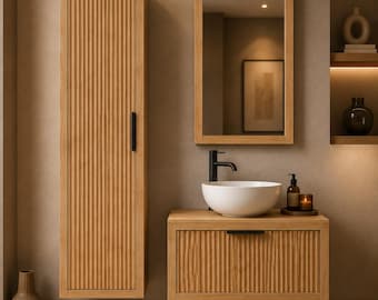 Mueble de baño flotante de madera maciza con lavabo sobre encimera, moderno mueble de baño de roble con estrías y unidad de almacenamiento alta, muebles de baño naturales.