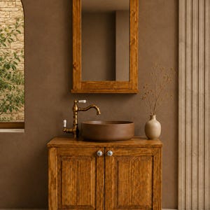 Solid Wood Bathroom Vanity   Rustic Wooden Bathroom Vanity Set   Small Wood Vanity Cabinet with Mirror   Farmhouse Decor