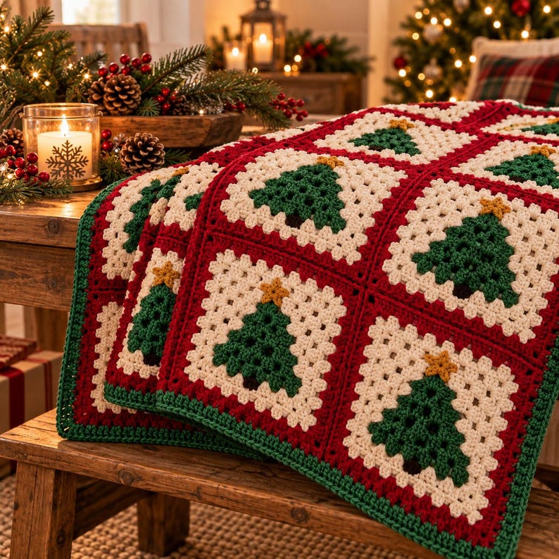 May include: A handmade crochet blanket featuring a repeating pattern of square motifs. Each square has a cream-colored background with a dark green Christmas tree centered in the middle, topped with a small yellow star, all bordered by red yarn.