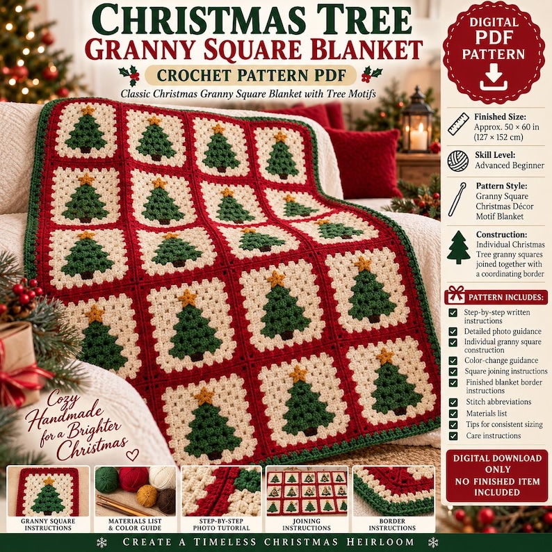 May include: A digital PDF crochet pattern for a Christmas tree granny square blanket. The blanket features cream-colored squares with green tree motifs and yellow stars, joined by a red border. Finished size is approximately 50 x 60 inches.