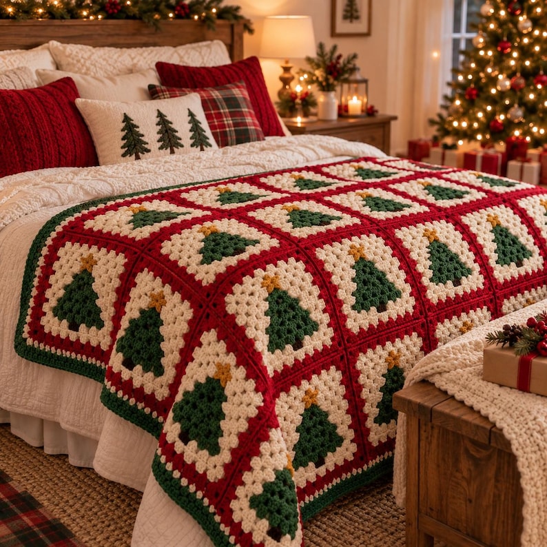 May include: A handmade crochet blanket featuring a repeating pattern of square motifs, each displaying a dark green Christmas tree with a yellow star on a cream-colored background, all bordered by a deep red yarn frame throughout the design.