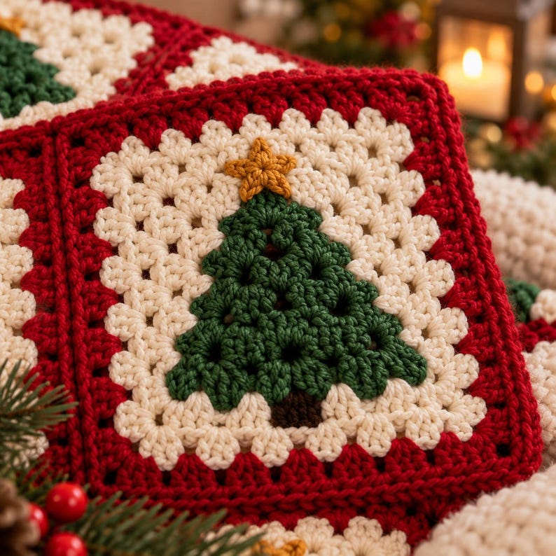 May include: A square crochet granny square featuring a central dark green Christmas tree with a small yellow star at the top. The tree is set against a cream-colored background, framed by a thick border of deep red yarn with a textured edge.