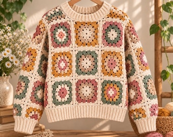 May include: A long-sleeve sweater constructed from cream-colored yarn featuring a repeating granny square pattern. The squares are composed of alternating colors including mustard yellow, sage green, dusty rose, and white, finished with ribbed cuffs.