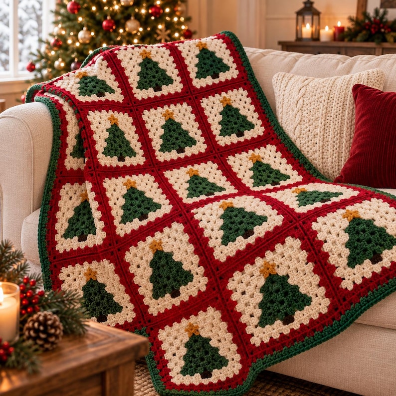 May include: A handmade crochet blanket featuring a repeating pattern of square motifs. Each square contains a dark green Christmas tree with a small yellow star on top, set against a cream-colored background, all bordered by deep red yarn.