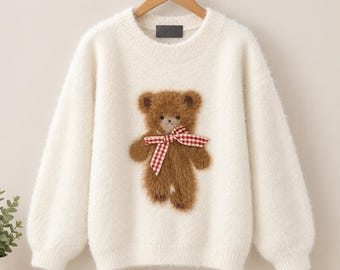 Pull en maille Kawaii ours en peluche, pull graphique confortable, cadeau pour elle
