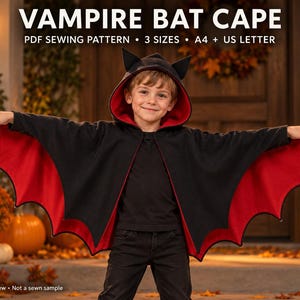 May include: A black and red vampire bat cape with a hood featuring pointed ears. The text reads VAMPIRE BAT CAPE, PDF SEWING PATTERN, 3 SIZES, A4 + US LETTER. The cape has a scalloped hem and a bright red interior lining.