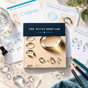 May include: A square book titled The Water Drop Lab with a cover featuring realistic water droplets on a tan surface. Surrounding the book are instructional cards with diagrams of water drops, a glass dropper, colored pencils, and clear beads.