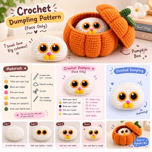Peut inclure: Un guide de modèle au crochet pour une boulette blanche avec de grands yeux noirs, un nez rose et des joues jaunes, incluant une boîte de rangement en forme de citrouille. Le graphique présente les matériaux, les étapes et le produit fini.