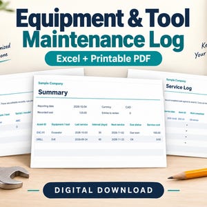 Registro de Manutenção de Equipamentos e Ferramentas | Planilha Simples em Excel para Controle de Serviços + PDF para Impressão