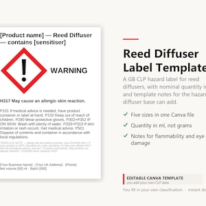 May include: A white reed diffuser label template featuring a red diamond warning symbol with an exclamation mark. The text includes H317 May cause an allergic skin reaction, safety instructions, and placeholders for business name, address, and volume in ml.