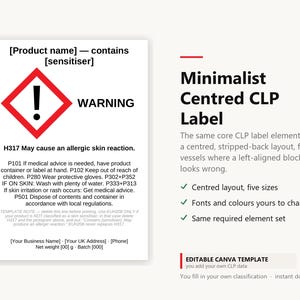 May include: A white rectangular CLP label template featuring a red diamond warning symbol with an exclamation mark. The text includes H317 May cause an allergic skin reaction, P101, P102, P280, P302+P352, P333+P313, and P501 safety instructions, along with placeholders for product name, business name, address, phone, net weight, and batch number.