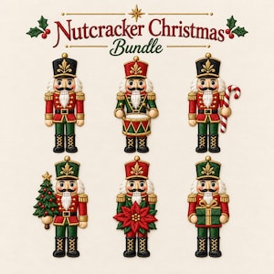 Può includere: Un set Nutcracker Christmas Bundle con sei figure di schiaccianoci ricamate in uniformi rosse, verdi e dorate. Ogni figura tiene in mano diversi oggetti natalizi, tra cui un tamburo, un bastoncino di zucchero, un albero, una stella di Natale e un regalo.