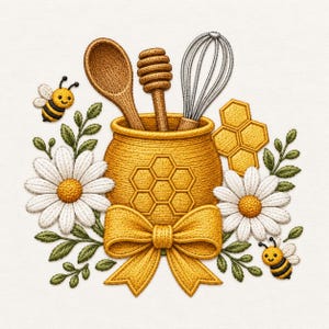 Op de afbeelding: Een borduurontwerp met een gele honingpot met honingraatpatroon en een grote strik, met daarin een houten lepel, een honingdipper en een metalen garde. Twee witte madeliefjes, groene blaadjes en twee kleine bijtjes omringen de honingpot.