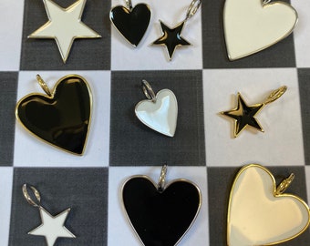 Enamel Heart and Star Charm, Black and White, Gold or Silver