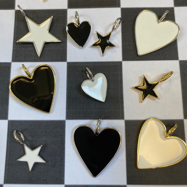 SALE Star charm heart charm enamel charm hearts stars enamel heart enamel black heart black star white heart white star