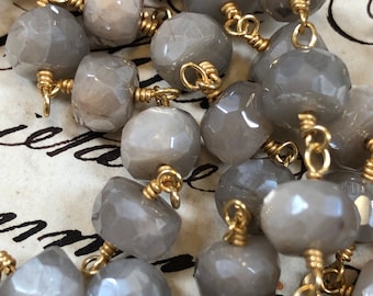 Moonstone chain faceted wire wrapped chain per foot Moonstone chain gray and white tones Moonstone chain per foot 6mm x 5mm bead