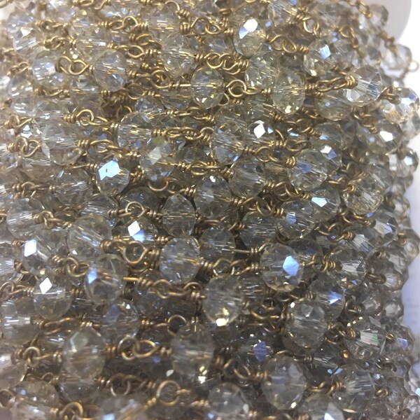 SALE 2 feet,6mm x 4mm champagne crystal chain,wire wrapped chain, gold wire,beaded czech glass chain,crystal chain,super sparkle!