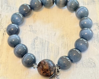 Gray-Blue Tiger's Eye Bracelet, Jasper, and Silver Buddha Charm