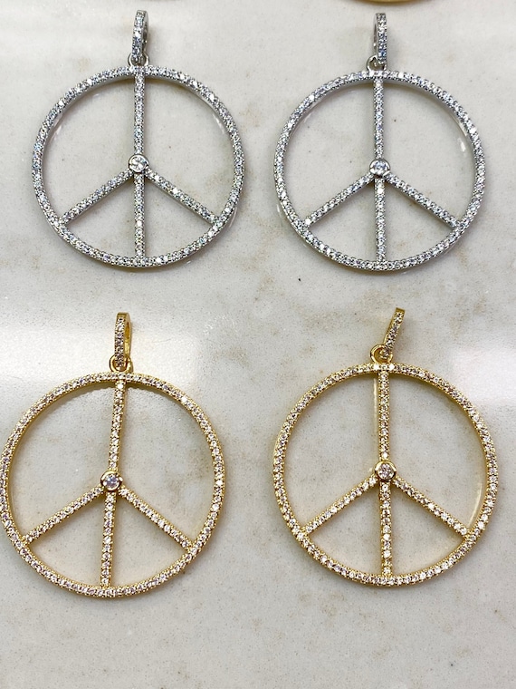 CZ Peace Pendant, Micro Pave Charm, Gold or Silver (35mm)