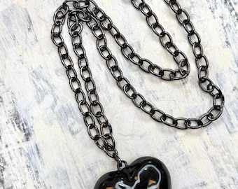 Black Enamel Puffy Heart Necklace on Black Chain