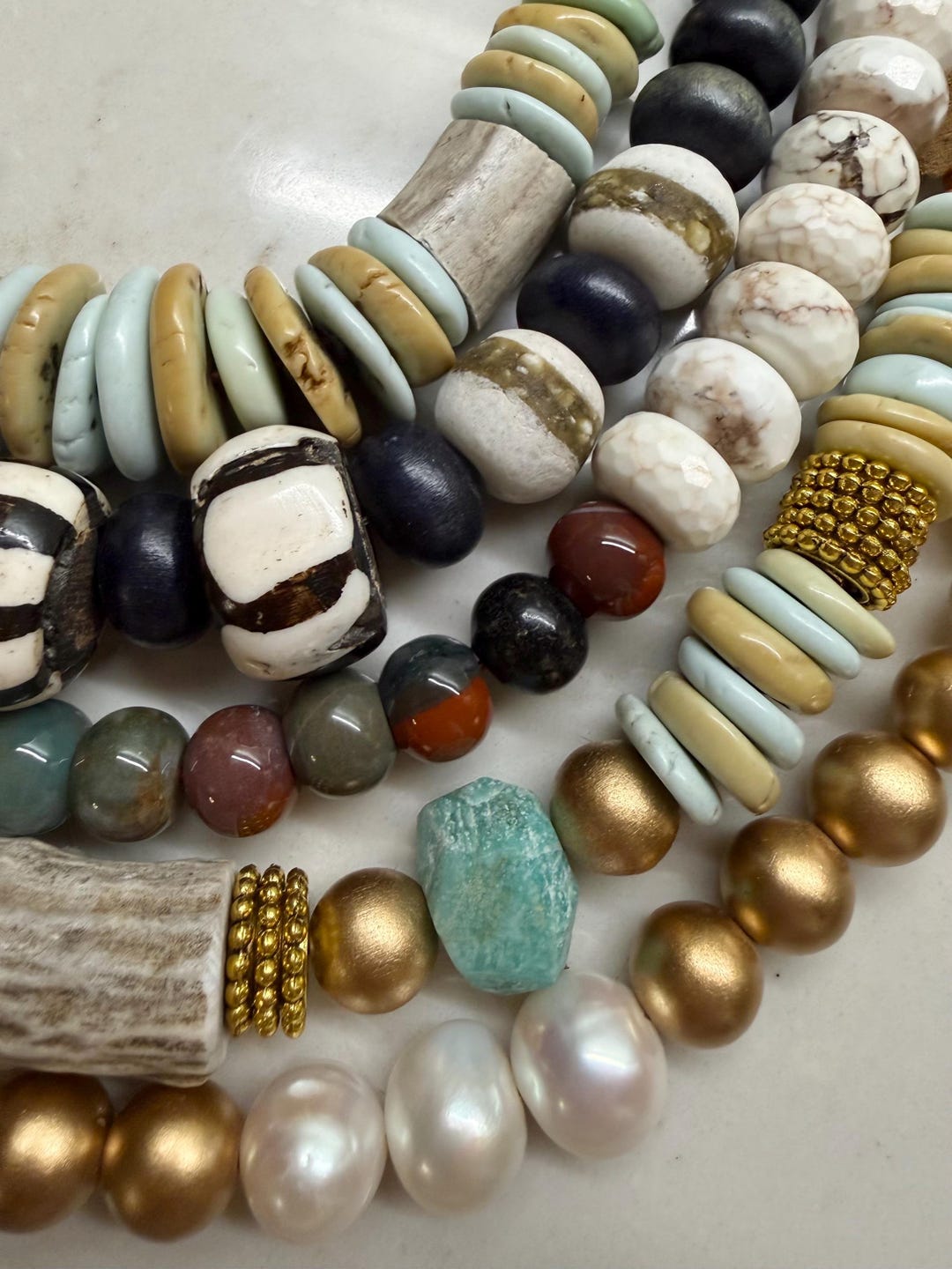 Beaded Necklace With Leather Straps: Bone, Turquoise, Pearl Sample - Etsy