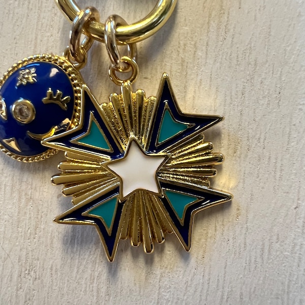 Enamel star charm 23mm wide gold pendant blue white turquoise medal charm star pendant fob pendant starburst charm enameled charm