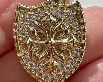 Gold shield charm shield pendant crest charm shield pendant 26mm x 19mm star micro pave gold CZ charm