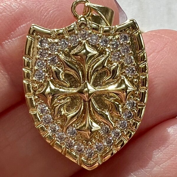 Gold shield charm shield pendant crest charm shield pendant 26mm x 19mm star micro pave gold CZ charm