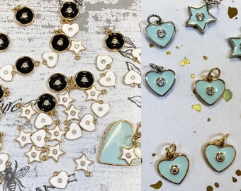 Sale! Enameled charms 10mm Small dainty heart charm charms small star charm enamel charm charm heart charm silver and gold robins egg blue