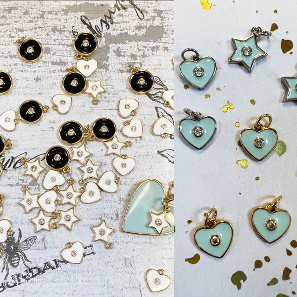 Sale! Enameled charms 10mm Small dainty heart charm charms small star charm enamel charm charm heart charm silver and gold robins egg blue