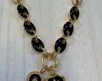 Sample SALE OOAK necklace enamel and Onyx 20” gold puffy chain enamel links onyx crest interchangeable charms