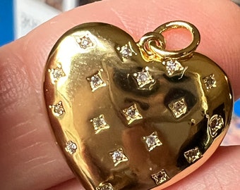 Puffy heart charm with CZs enamel charm 25mm x 18mm gold heart charm with rhinestones