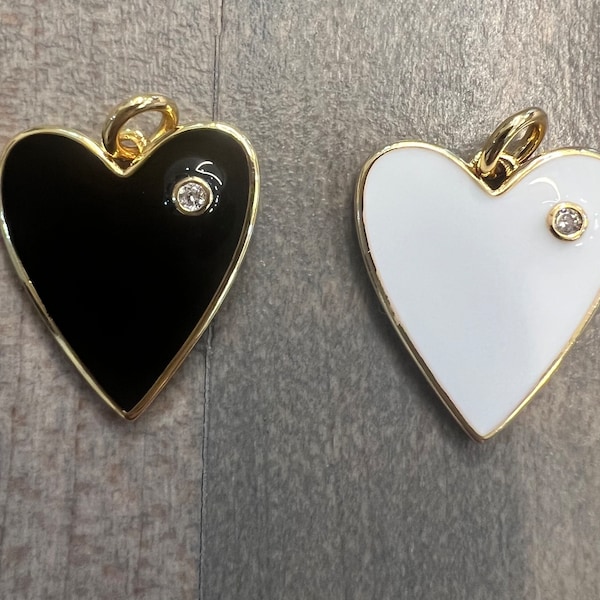 Enameled heart white black enamel heart pendant charm enamel jewelry enameled charm enameled pendant white heart enamel heart 18mm x 15mm