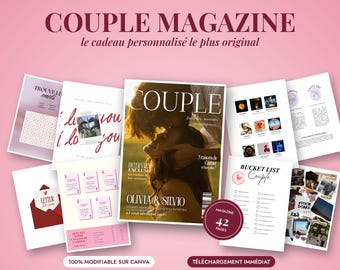 May include: A digital template for a 42-page couple magazine featuring a pink background, a cover with a photo of a couple, and various interior pages including a word search, bucket list, vision board, and letter templates, all editable on Canva.