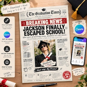 May include: A printable graduation newspaper template titled The Graduation Times, featuring the headline Jackson Finally Escaped School, a photo of a graduate in a cap and gown, and editable sections for event details, all designed for customisation in Canva.