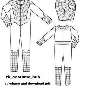 May include: A black and white technical line drawing of a full-body jumpsuit costume with a spiderweb pattern on the chest, sleeves, and lower legs, accompanied by a matching head mask. Text reads: zk_costume_hub purchase and download pdf.