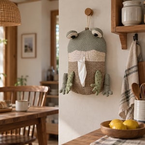 May include: A wall-mounted fabric tissue holder shaped like a frog. The frog features a sage green top, a cream-colored midsection with a floral pattern, and a brown checkered lower body. It has two green arms, two eyes, and a central opening for tissues.