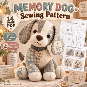 May include: A stuffed dog toy made from various fabric patches including floral, plaid, and herringbone patterns. The dog wears a dark collar with a heart-shaped wooden tag engraved with the text FOREVER LOVED and a patch reading Good Memories Always.