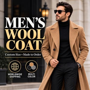 Men's wool coat, long overcoat, custom size, made to order coat